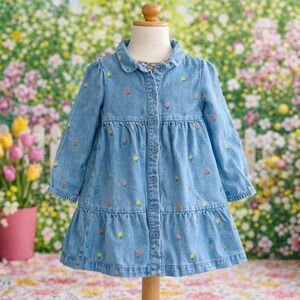 Mini Boden Girls Sz 5/6yr Blue Denim Floral Embroidered Tiered Long Sleeve Dress